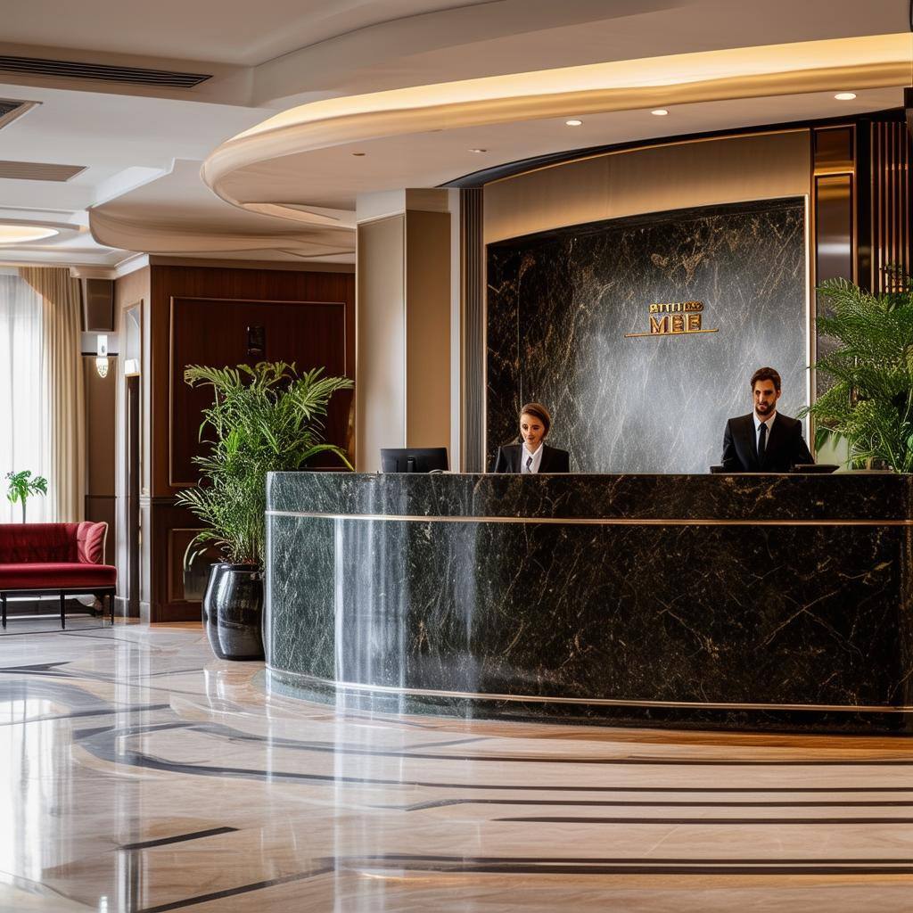 a front desk reception from a luxury hotel with front desk staff