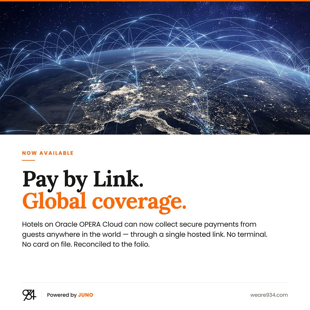 Announcement graphic for the global general availability of Juno Pay by Link for Oracle OPERA Cloud